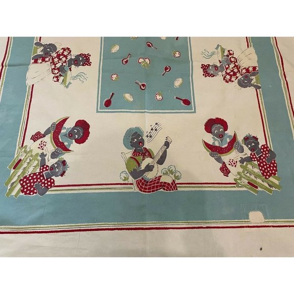 Vintage Cotton Linen Tablecloth Black Americana 48" x 52" 1939s - 1950s - Picture 4 of 11